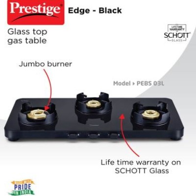 Prestige Edge Schott glass Glass Manual Gas Stove  (3 Burners)