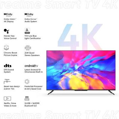 Realme 108 cm (43 inch) Ultra HD (4K) LED Smart Android TV with Handsfree Voice Search and Dolby Vision & Atmos  (RMV2004)