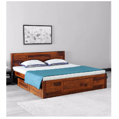 Nuevo Solid Wood King Size Bed With Drawer Storage In Honey Oak Finish