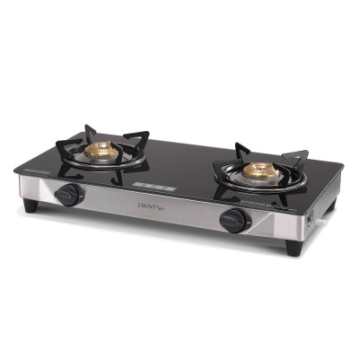Usha Ebony Neo GS 2003 Stainless Steel Manual Ignition Thick Toughened Glass Top 2 Burner Gas Stove (Black)